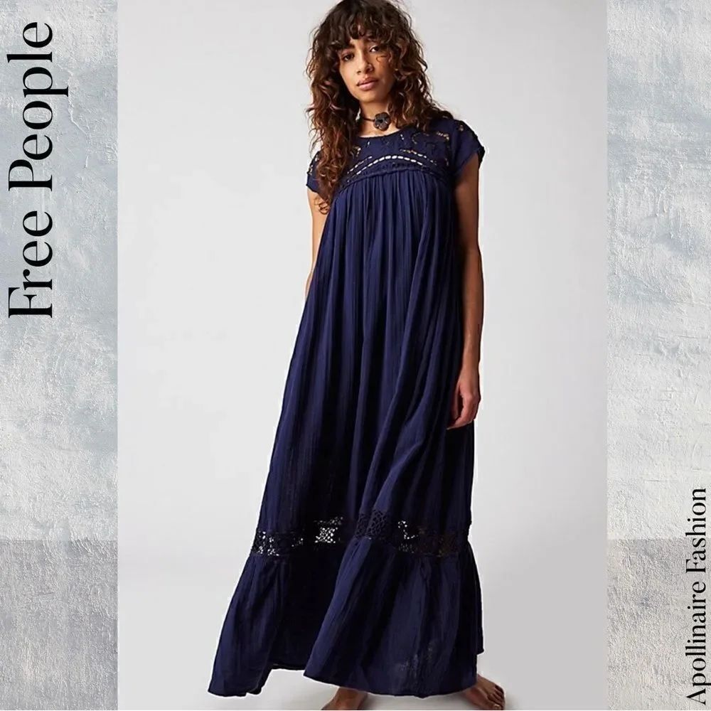 FREE PEOPLE CUTWORK TEE MAXI DRESS IN EVENING ECLIPSE NWT XS